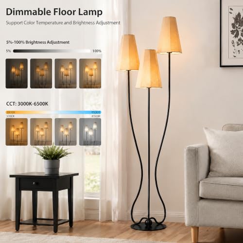 Dimmable Sculptural Vintage Floor Lamp, 3-Light Standing Lamps with Curved Iron Base & Octagonal Linen Shades, Statement Lighting for Living Room, Bedroom, Studio (Remote-Natural Linen Shade) - color: Remote-Natural Linen Shade