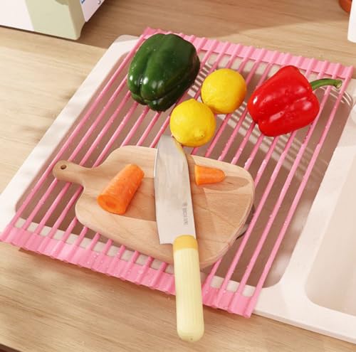 Roll Up Dish Drying Rack Over The Sink.Foldable Kitchen Drainer,Fully Silicone Cover Stainless Steel Bar,Heat-Resistant, Anti-Slip Sink Rack for Kitchen Counter Multipurpose. - color: Pink, size: 20.5 x 13 Inch