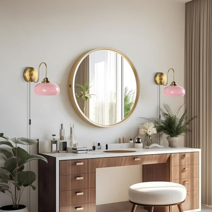 KCO Lighting Modern Pink Glass Wall Light Set of 2 Plug in Antique Brass Wall Sconce Pink and Gold Wall Sconces Bathroom Vanity Light Fixtures Plug in - color: Pink-2PC