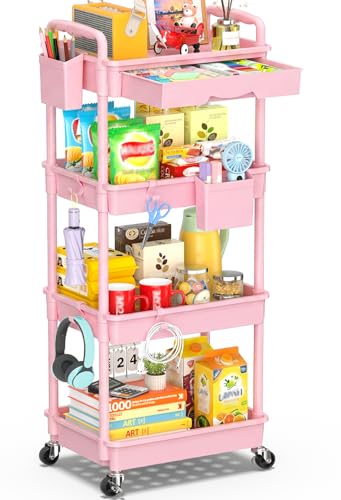 SUNALLY 4 Tier Rolling Cart with Drawer, Craft Storage Cart Organizer, Pink | Bathroom Storage Organizer with 2 Lockable Wheels, Rolling Utility Cart for Kitchen, Office, Baby, Makeup, Nail,Snack,Laundry - color: Pink, size: 4 Tier
