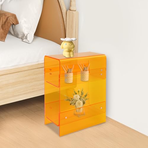 3-Tier Narrow Acrylic Side Table, Narrow End Table for Small Spaces, Side Table for Bedroom, Slim Small End Table (Orange)