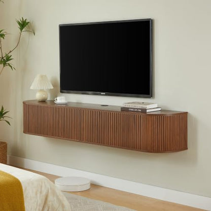 LUMISOL 71” Wall Mounted Floating TV Cabinet with Fluted Doors, Media Console with Cable Management Holes for Living Room, Bedroom, Walnut - size: 70.87"L x 12.6"W x 11.81"H