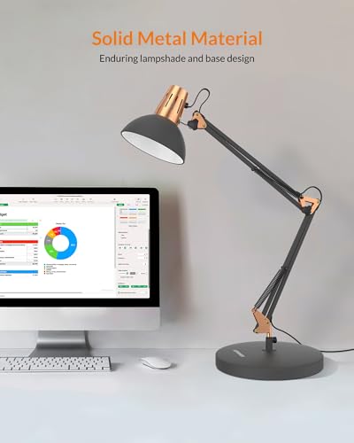 LEPOWER Metal Adjustable Desk Lamp with Clamp, Swing Arm for Home Office | Gooseneck, Architect Style, Eye-Caring Table Lamp, On/Off Switch, E26 Base, Reading for Dorm, Bedroom, Study, Back to School - color: Sand Black