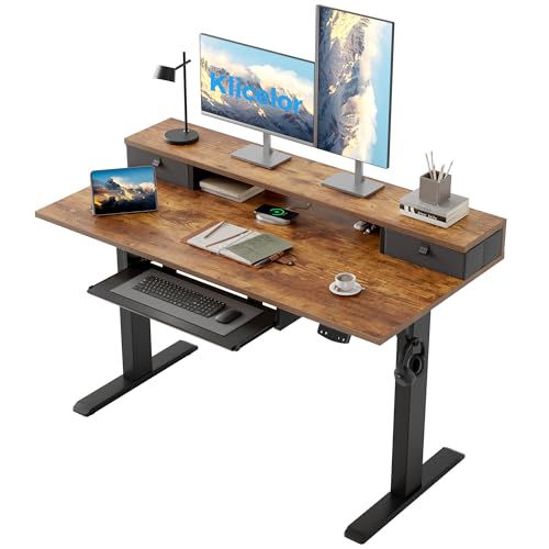 Klicelor 48 x 24 Inch Electric Standing Desk with Drawers and Keyboardtray, Adjustable Height Small Sit Stand Desk for Home Office, Compact Computer Workstation with Storage- Rustic Brown - color: Rustic Brown, size: 48 x 24 Inch with keyboard tray