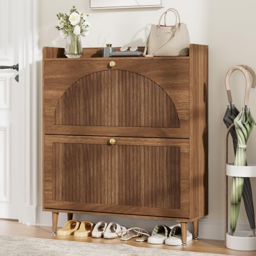 Shoe Storage Cabinet with 2 Flip Drawers, Shoe Organizer Storage | Shoe Cabinet with Adjustable Shelves, Freestanding Hidden Slim Narrow Shoe Rack Cabinet for Entryway, Hallway - color: Walnut, size: 9.4"D x 31.4"W x 37.4"H(2 Drawers)