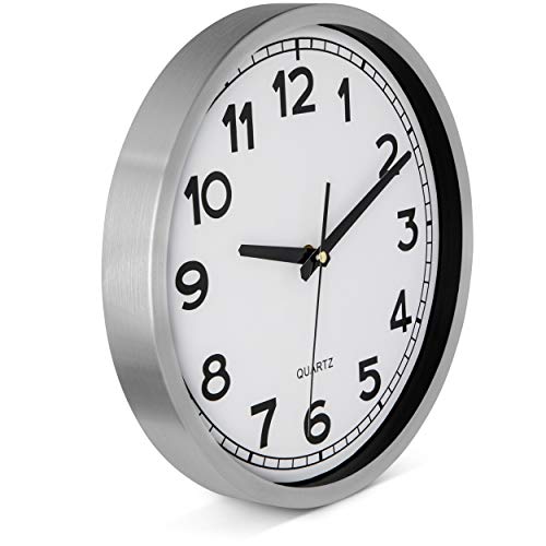 Bernhard Products Wall Clock Silent Non-Ticking Large 12" Silver Metal Frame Quartz Battery Operated Easy to Read Office Classroom Kitchen Living Room Bathroom Sweeping Clocks, Black Modern Numbers - style: Metal