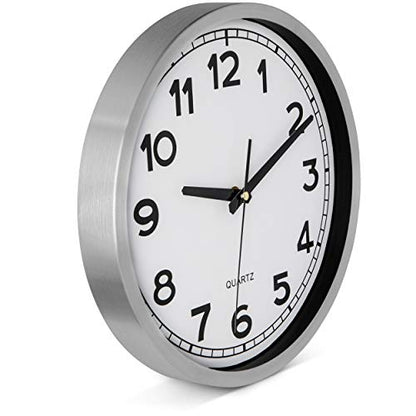 Bernhard Products Wall Clock Silent Non-Ticking Large 12" Silver Metal Frame Quartz Battery Operated Easy to Read Office Classroom Kitchen Living Room Bathroom Sweeping Clocks, Black Modern Numbers - style: Metal