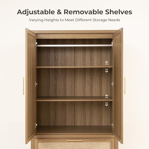 SICOTAS Rattan Armoire Wardrobe Closet : 71 inch Wardrobe with Drawers | Farmhouse Boho Storage Cabinet with Hanging Rod, Large-Capacity Deep Armoire Clothes Organizer for Bedroom, Cloak Room