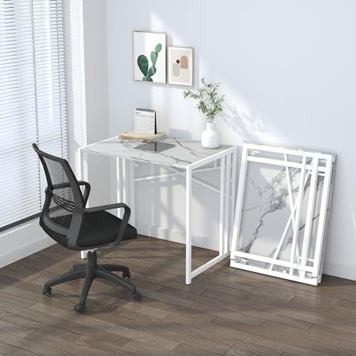Lutown-Teen 32 inch Folding Small Desk, White Marble | Writing Gaming Computer Camping Desk for Small Spaces, No Assembly Required Home Office Desk - color: White Marble, size: 32 Inch