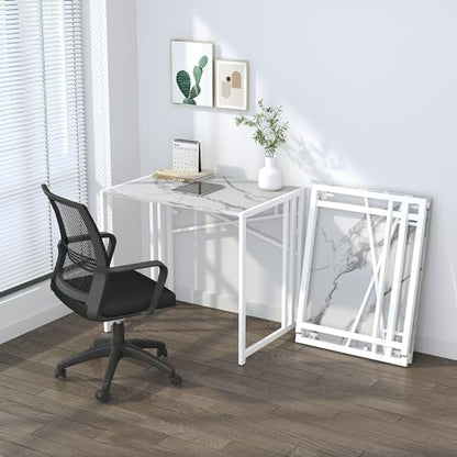 Lutown-Teen 32 inch Folding Small Desk, White Marble | Writing Gaming Computer Camping Desk for Small Spaces, No Assembly Required Home Office Desk - color: White Marble, size: 32 Inch