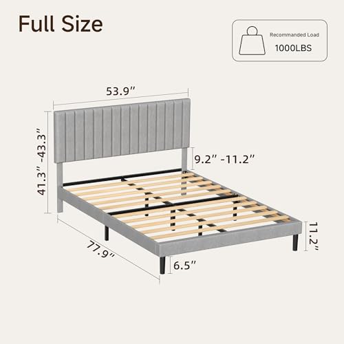 Full Linen Bed Frame with Vertical Channel Tufted Headboard Light Grey | Upholstered Platform Bed, No Box Spring Needed, Noise-Free, Strong Wooden Slat, Durable Metal Frame, Easy Assembly - color: Light Grey, size: Full