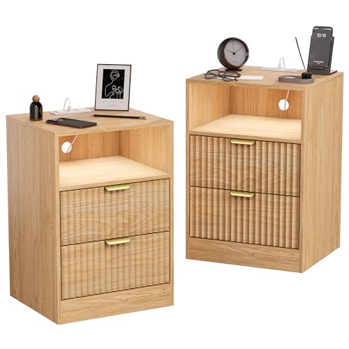 Fluted Nightstand Set of 2, LED Nightstand with Charging Station, Wood Nightstands with 2 Drawers & Metal Handles, Modern Bedside Table & End Tables, Farmhouse Night Stands for Bedroom, Natural - color: Natural Oak, style: LED 2 Drawers-2 PCS