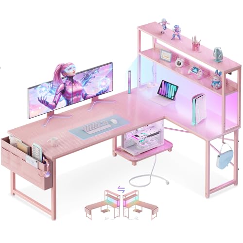 ODK 53" L Shaped Gaming Desk with Shelves, LED & Outlets, Pink | Headset hook. Storage bag. Shelves for makeup & gaming gear. LED for late-night gaming. Reversible. Fits dual monitors. - color: Pink, size: 53 Inch