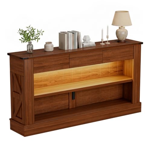 Miereirl 63" Console Table with Drawers & LED Light, Farmhouse, Walnut | Narrow Entryway Sofa Table, 3 Storage Drawers & Open Shelves, Behind Couch, Living Room Hallway Foyer - color: Walnut