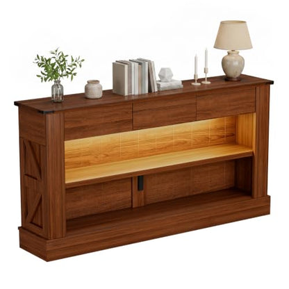 Miereirl 63" Console Table with Drawers & LED Light, Farmhouse, Walnut | Narrow Entryway Sofa Table, 3 Storage Drawers & Open Shelves, Behind Couch, Living Room Hallway Foyer - color: Walnut