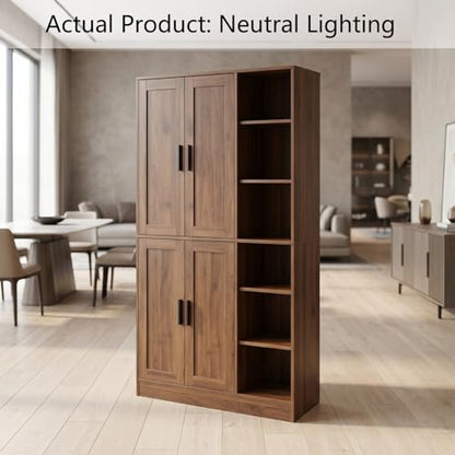 holzart 63" Tall Kitchen Pantry Cabinet, Freestanding Dining Room Storage Hutch with 4 Doors and Adjustable Shelves, Modern Utility Cupboard for Coffee Bar and Microwave, Brown - color: Brown