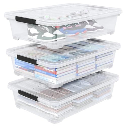 40 Quart Plastic Clear Underbed Storage Bin with Wheels, 3 Packs | Stackable Large Flat Under Bed Organization Boxes with Lids - size: 40 Quart