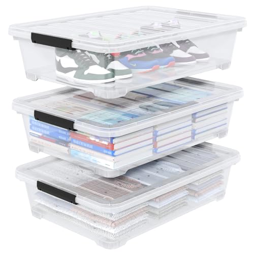40 Quart Plastic Clear Underbed Storage Bin with Wheels, 3 Packs | Stackable Large Flat Under Bed Organization Boxes with Lids - size: 40 Quart