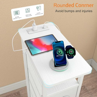 sthmec Nightstand with Charging Station, Narrow Night Stand Set of 2 with 4 Drawers, Skinny Side Table with Fabric Drawers,Slim Sofa Couch Tables for Small Spaces,Living Room,Bedroom, White - color: White, style: Power