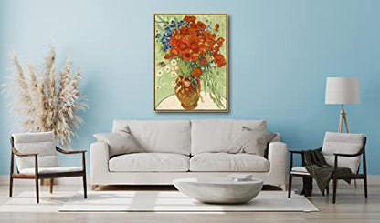 Wieco Art Large Framed Wall Art of Red Poppies and Daisies by Van Gogh Paintings Reproduction Abstract Canvas Prints for Home Living Room Decorations Bronze Gold Frame - size: 32"L x 24"W