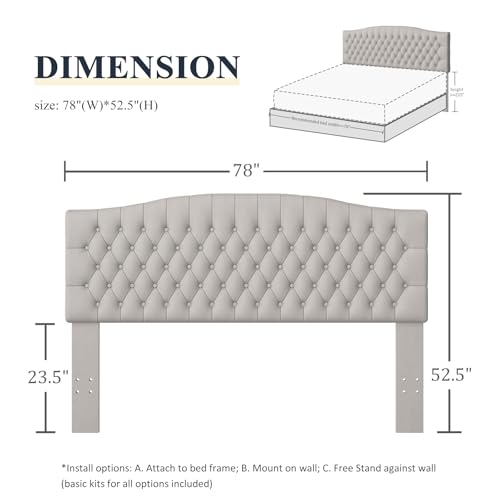 Furpopup Velvet King Size Headboard Only, Upholstered Wall Mount Light Gray | 2 ways to use:Wall-mounted (for adjustable bed) and bed frame mounted, Easy to assemble, Classic button design headboard - color: Light Gray/Taupe-velvet, size: King