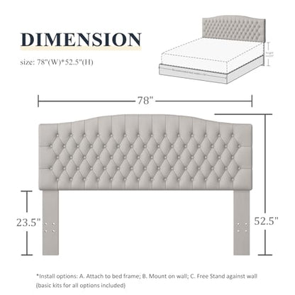 Furpopup Velvet King Size Headboard Only, Upholstered Wall Mount Light Gray | 2 ways to use:Wall-mounted (for adjustable bed) and bed frame mounted, Easy to assemble, Classic button design headboard - color: Light Gray/Taupe-velvet, size: King