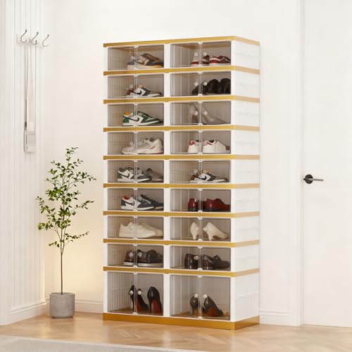 SYNCVIBE Foldable Shoe Organizer, 9 Tier, 36 Pairs, 34.2" Wide, White Gold | Foldable Shoe Rack, Collapsible Shoe Cabinet with Doors, Stackable Shoe Shelves for Closet, Entryway and Living Room - size: 9 Tiers -36 Pairs White Gold