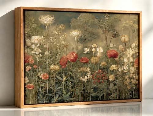 WYHLMTQ Intage Wildflower Field Canvas Wall Art - Rustic Red Poppy Floral Botanical Prints Muted Green Botanical Posters for Moody Farmhouse Bedroom Living Room Bathroom Wall Decor 12x16in - color: wildflower art, size: 12x16inFramed