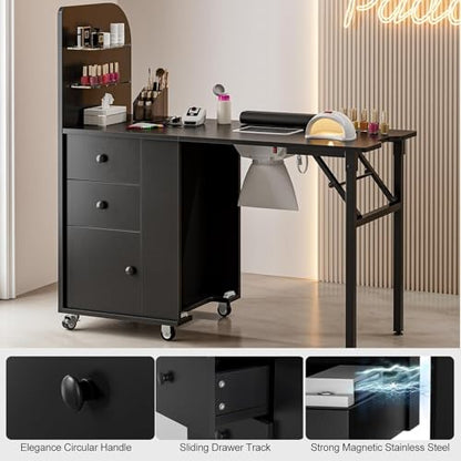 Foldable Nail Desk Manicure Table, Folding Nail Table Station for Nail Tech w/Dust Collector, 2 Open Shelves & 2 Drawers, Foldable Manicure Desk w/Wrist Cushion, Lockable Wheels - color: Black2