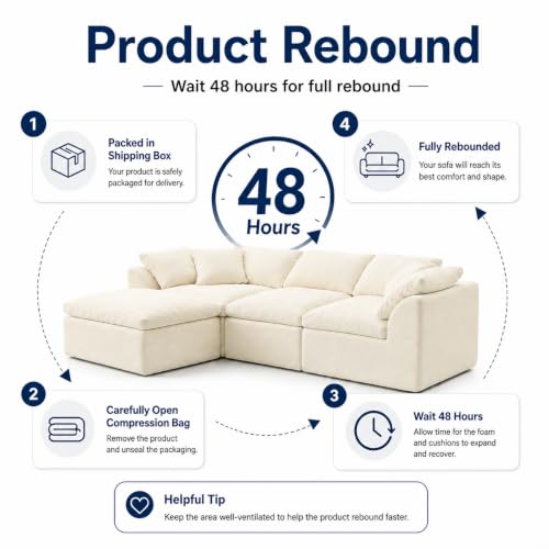 Oversized Cloud Couch Sectional Sofa for Living Room, Modular L Shaped Boneless Chenille Sofa with Chaise Lounge, Deep Seat Convertible Couch, Compressed No Assembly Floor Sofa (White)