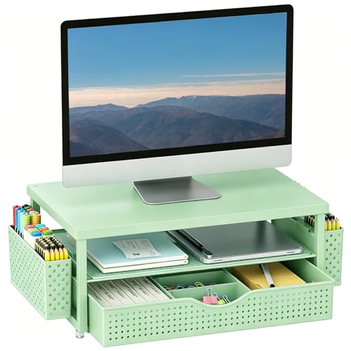 gianotter Desk Organizers and Accessories, Monitor Stand with Drawer and 2 Pen Holder, Desktop Organizer Suitable for Offices and Dormitories (Sage Green-Plain) - color: Sage Green-Plain