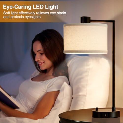 Luvkczc Table Lamp for Bedroom Set of 2 with USB C+A Ports, Fully Stepless Dimmable Bedside Lamp with Linen Lampshade, Contemporary Lamp for Living Room Reading Office, 2 LED Bulbs Included (Black) | Nightstand Lamp with Linen Lampshade, 2 LED Bulbs Inclu
