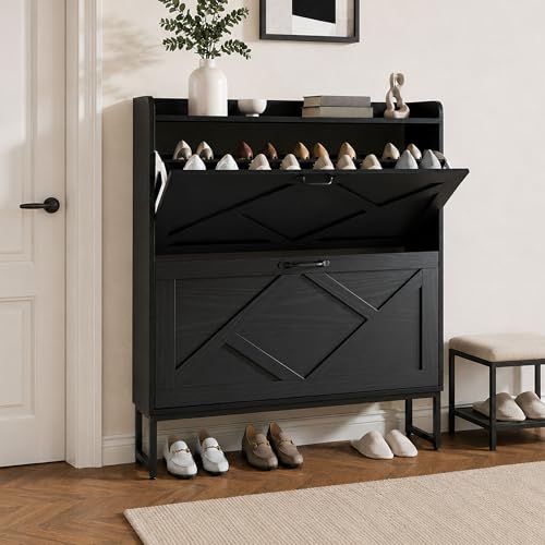 Shoe Cabinet Storage for Entryway, Slim Shoe Storage Cabient with 2 Flip Drawers, Narrow Vertical Shoe Rack Cabinet with Metal Hooks, Small Space Solution for Hallway, Black - color: Black