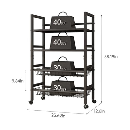 4-Tier Rolling Metal Storage Cart Mobile Organizer with Removable Grid Basket and Locking Wheels, Suitable for Multiple Uses, Black (Large) - size: 23.6 in