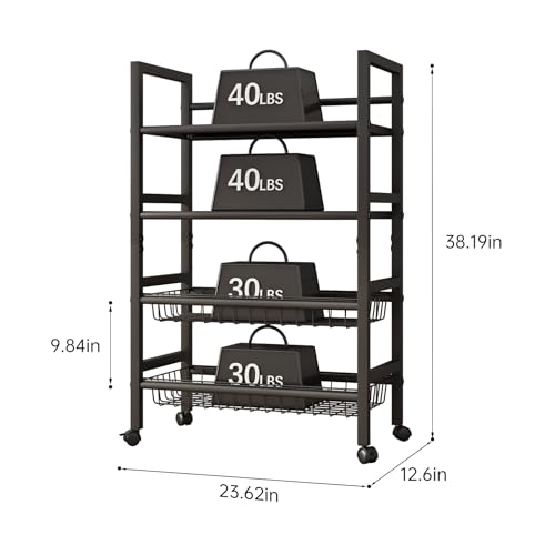 4-Tier Rolling Metal Storage Cart Mobile Organizer with Removable Grid Basket and Locking Wheels, Suitable for Multiple Uses, Black (Large) - size: 23.6 in