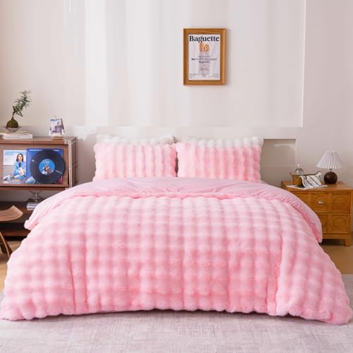 Fluffy Pink Duvet Cover Twin Set, Soft Shaggy Plush Rabbit Bedding Set 2 Pieces (1 Fuzzy Comforter Cover + 1 Faux Fur Pillow Cases) Bed Set, Zipper Closure（Pink, Twin） - color: Pink, size: Twin