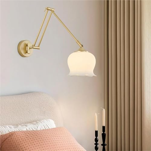 Gold Long Swing arm Iron Wall lamp Background Flower-Shaped Glass Bedside Decorative with E27 Base Suitable for Living Room, Dining, loft and Kitchen Oldsix-66