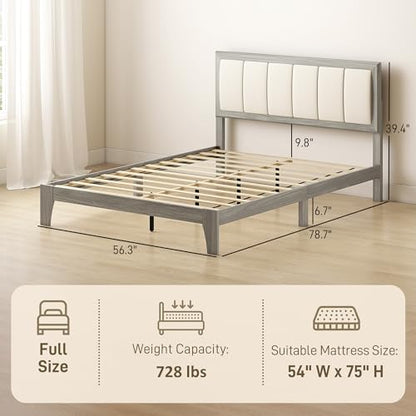 HOMCOM Full Size Bed Frame, Upholstered Headboard, Wooden Slats, Gray | Platform Bed Frame, No Box Spring Needed, Easy Assembly - size: Full