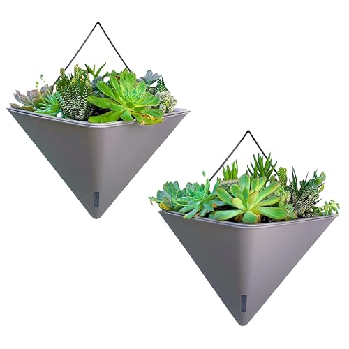 LaLaGreen Succulent Wall Planters (12in, 2 Pack) Large Self Watering Pots | Wall Hanging Planters for Indoor Plants Gray Wall Mount Triangle Geometric Flower Vase Black Metal Hanger Living Wall Decor - color: Gray X 2 Pack