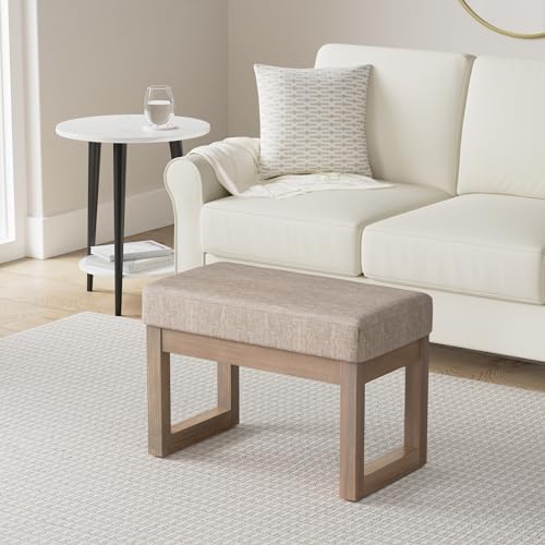 SIMPLIHOME Milltown 27" Wide Linen Look Rectangle Ottoman in Fawn Brown | Contemporary upholstered ottoman with a cushioned seat for extra seating in the bedroom; footstool, footrest or bench. - color: Fawn Brown, style: Small Ottoman Bench