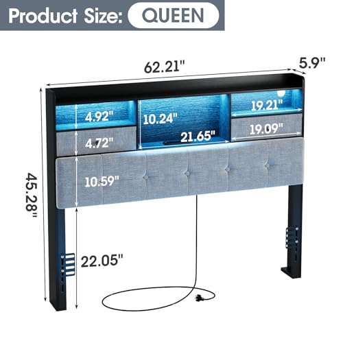 Maupvit Headboard Queen Size with Storage, Queen Headboard Only with 2 Drawers, Charging Station and LED Lights, Upholstered Headboards Easy Assembly, Black&Grey - color: Black, size: Queen