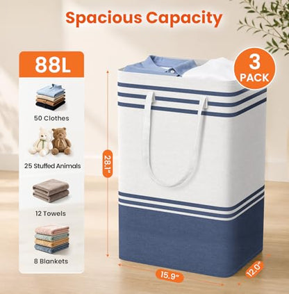 TranquilRelax 3-Pack Laundry Basket, Laundry Hamper, Blue-88L | Freestanding＆Water-Resistant Laundry Hamper, Collapsible Tall Clothes Hamper with Carry Handles for Clothes, Laundry Basket - color: Blue, size: 88L