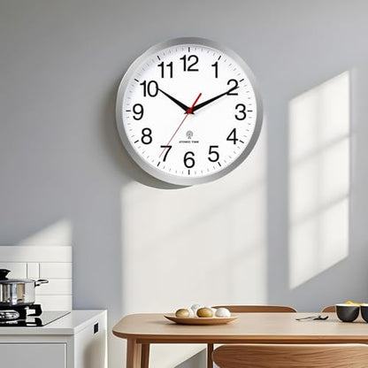 Wall Clock Analog 12 Inch Atomic Battery Operated Silent Clock | Silver, Easy To Read, Non Ticking, Round, Accurate, Kitchen, Living Room, Classroom, Office, School - color: Atomic_silver, size: 12 Inch