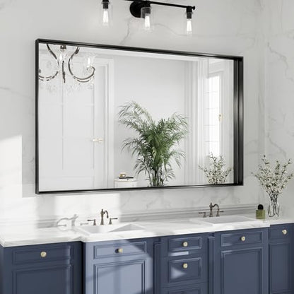 48x30 Black Bathroom Mirrors for Over Sink, Wall Mounted Bathroom Vanity Mirror, HD Distortion-Free Tempered Glass, Anti-Rust Brushed Matte Aluminum Alloy Frame, Horizontal or Vertical Hanging - size: 48"L x 30"W