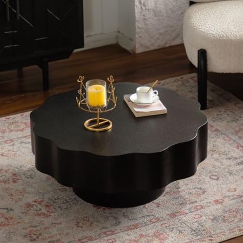 Modern Black Scalloped Coffee Table 31.5" Round Wood Center Table Wave-Shape Coffee Tea Tables with Pedestal Base for Living Room Apartment Small Space (Black) - color: Black