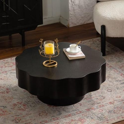 Modern Black Scalloped Coffee Table 31.5" Round Wood Center Table Wave-Shape Coffee Tea Tables with Pedestal Base for Living Room Apartment Small Space (Black) - color: Black