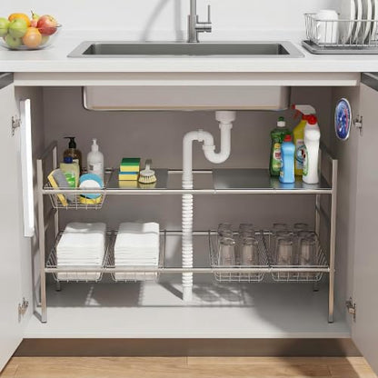 Under-Sink Organizer 2-Tier Expandable Cabinet Storage (5 panels 5baskets) | LED Motion-Sensing Auxiliary Lighting Dial Thermometer Stainless Steel Telescopic & Adjustable Rust-Resistant - size: 5 panels 5baskets