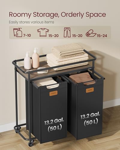 VASAGLE Laundry Sorter, Laundry Hamper with Wheels, 26.4 Gal. (100 L) Portable Rolling Cart Baskets with Shelf, 2 Removable Liners and 6 Labels, Ink Black and Chestnut Brown UBLH102BH01 - size: 2 Bags