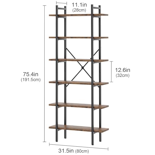 6 Tiers Bookshelf Organizer Industrial Tall Shelving, Modern Open Bookcase | Brown - color: Rustic Brown, size: 6-Tiers