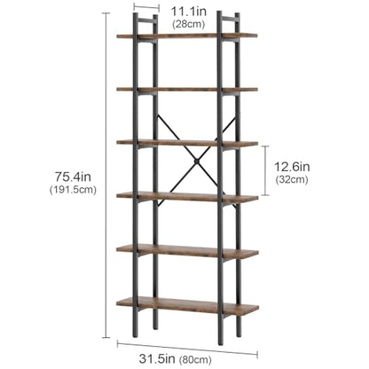 6 Tiers Bookshelf Organizer Industrial Tall Shelving, Modern Open Bookcase | Brown - color: Rustic Brown, size: 6-Tiers
